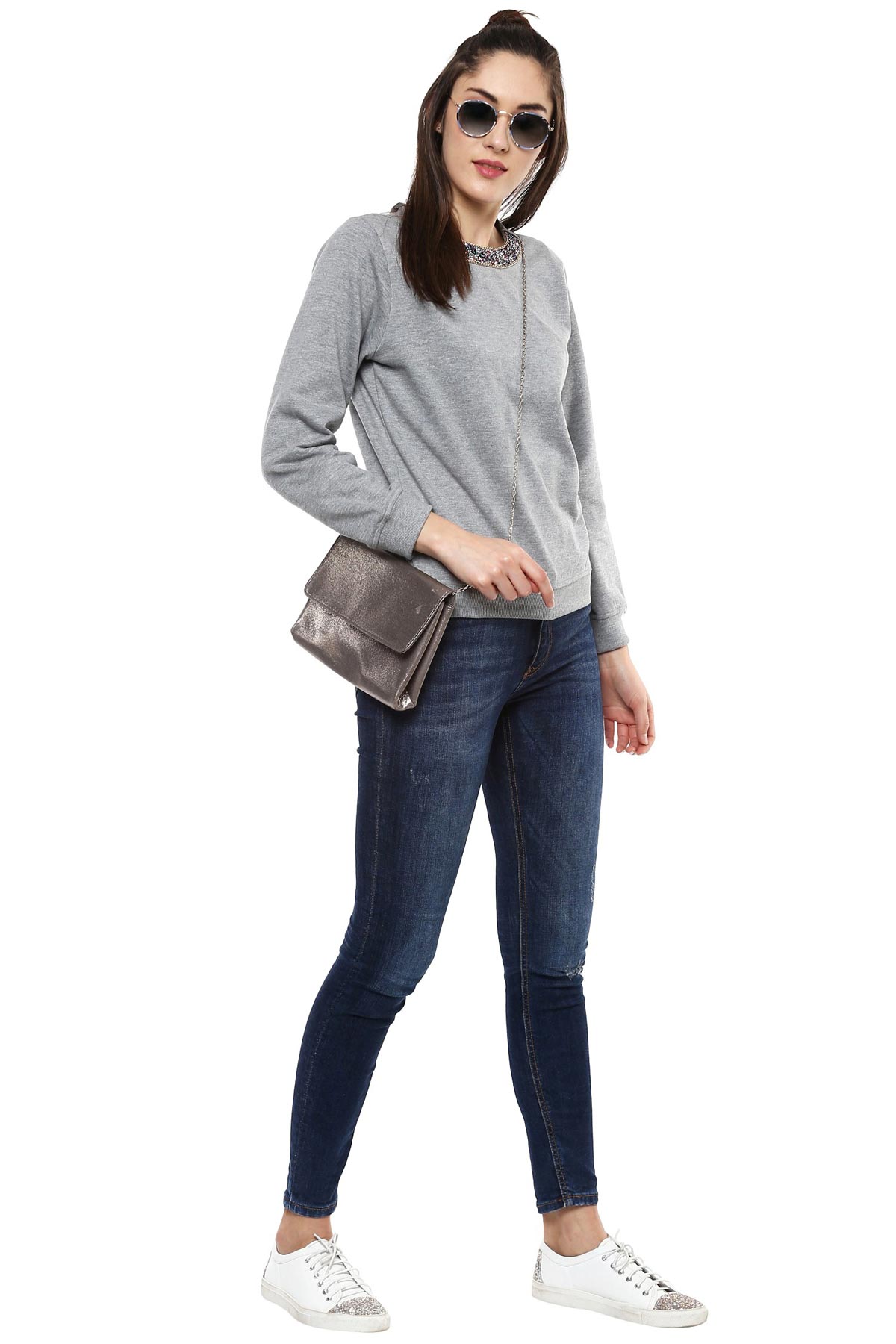Women's Blingy Neck Grey Melange Sweatshirt