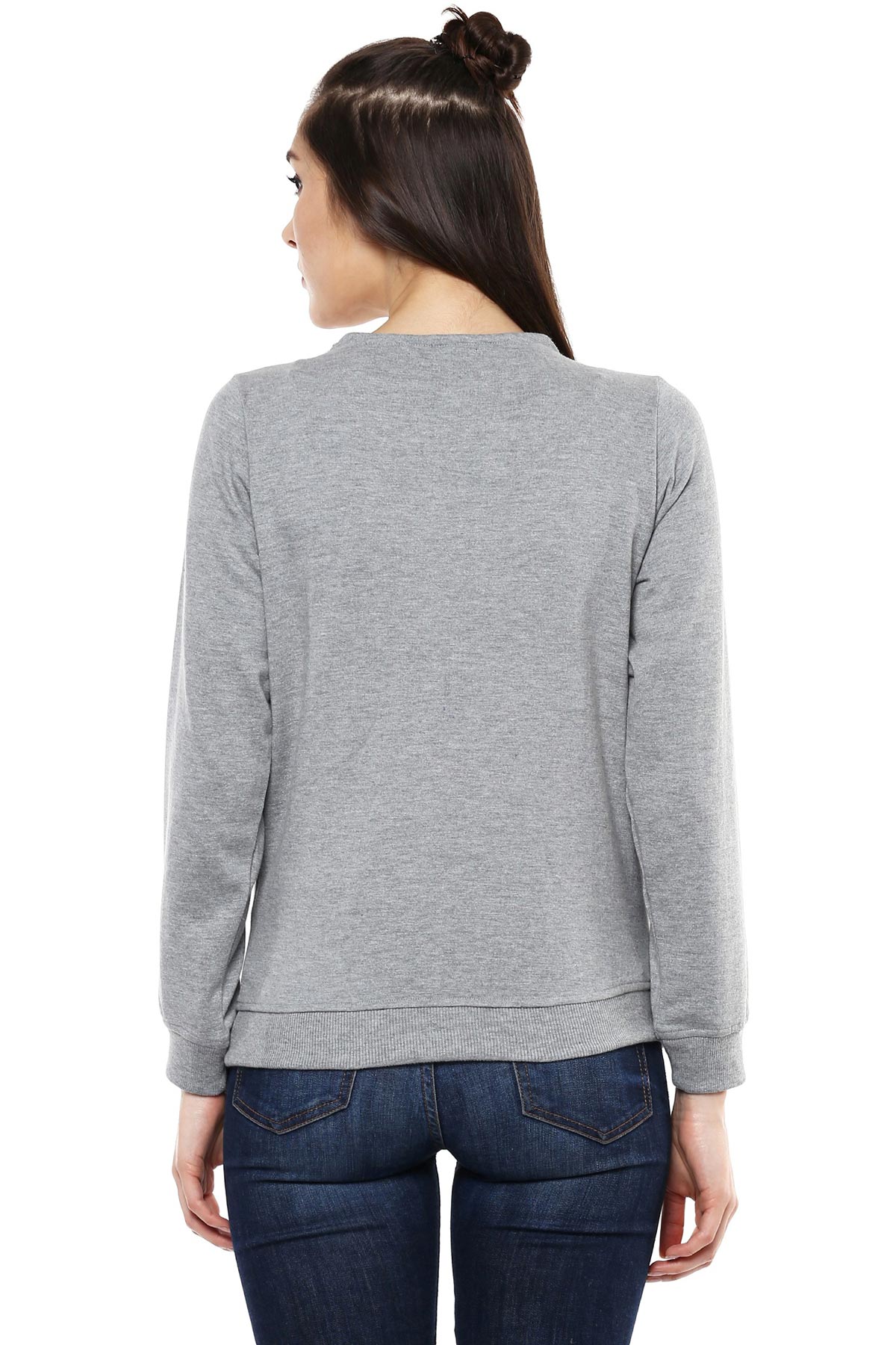 Women's Blingy Neck Grey Melange Sweatshirt