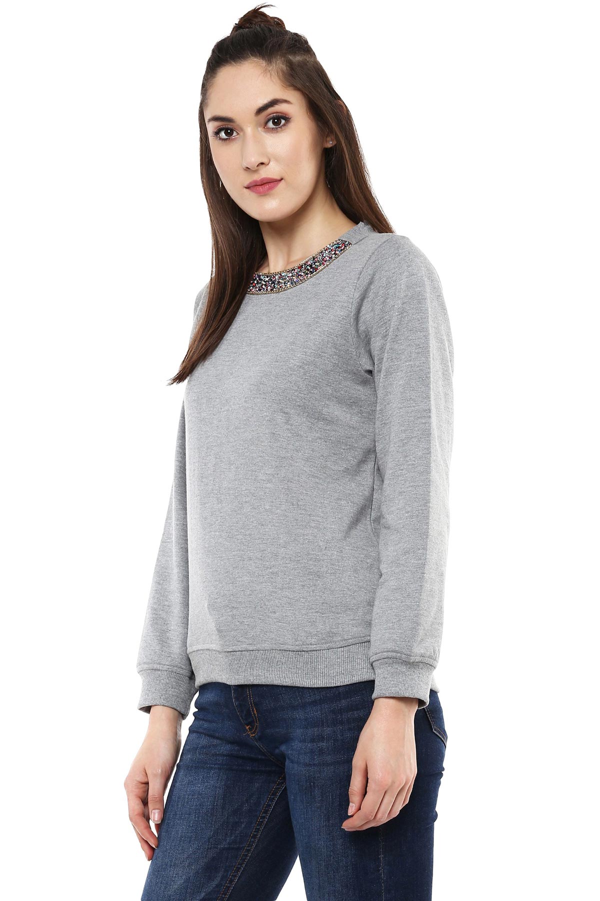 Women's Blingy Neck Grey Melange Sweatshirt
