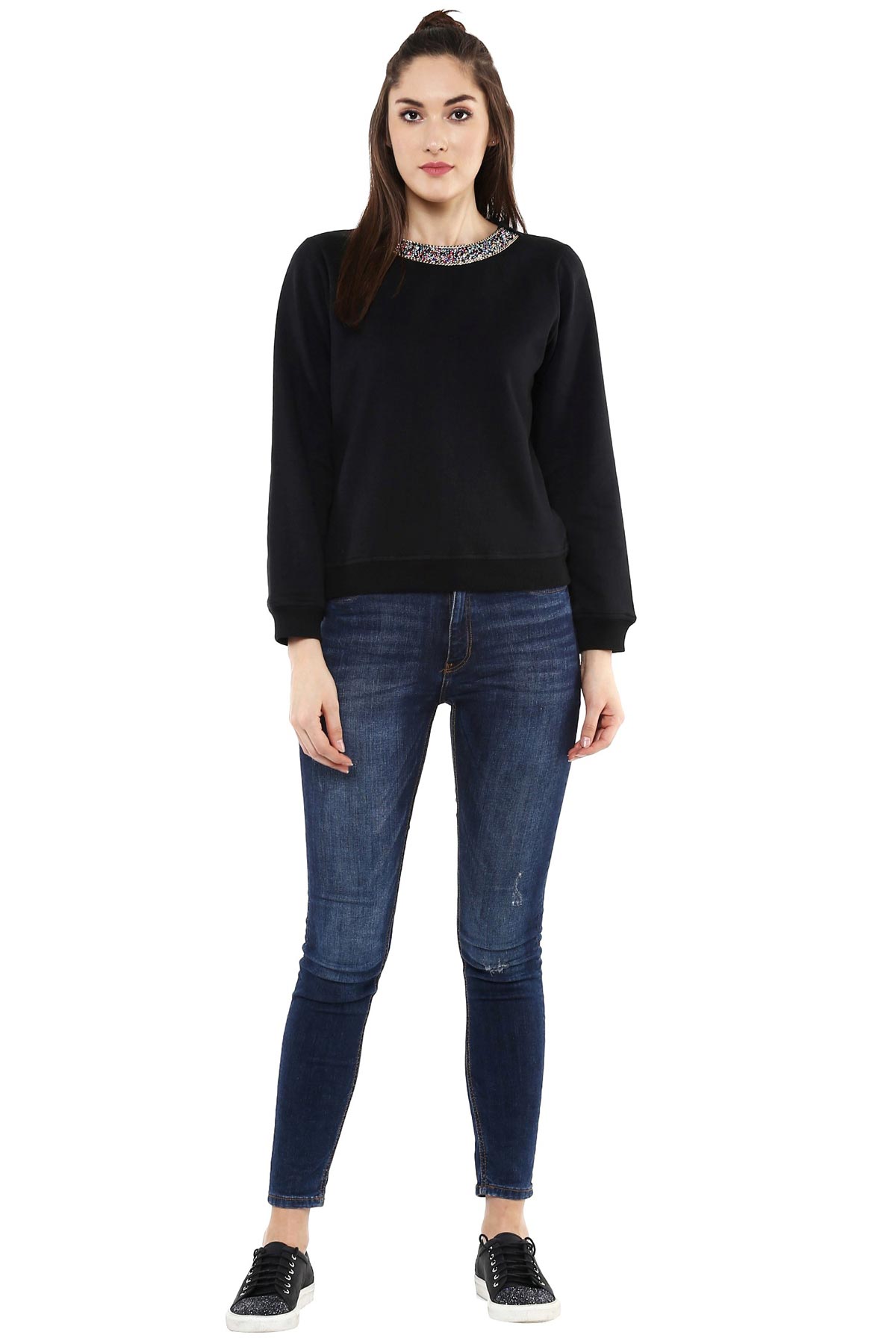 Women's Blingy Neck Black Sweatshirt