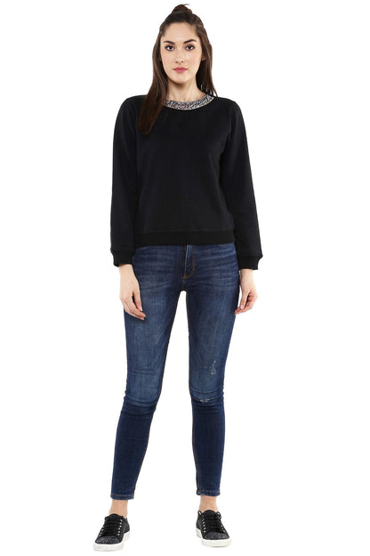 Women's Blingy Neck Black Sweatshirt
