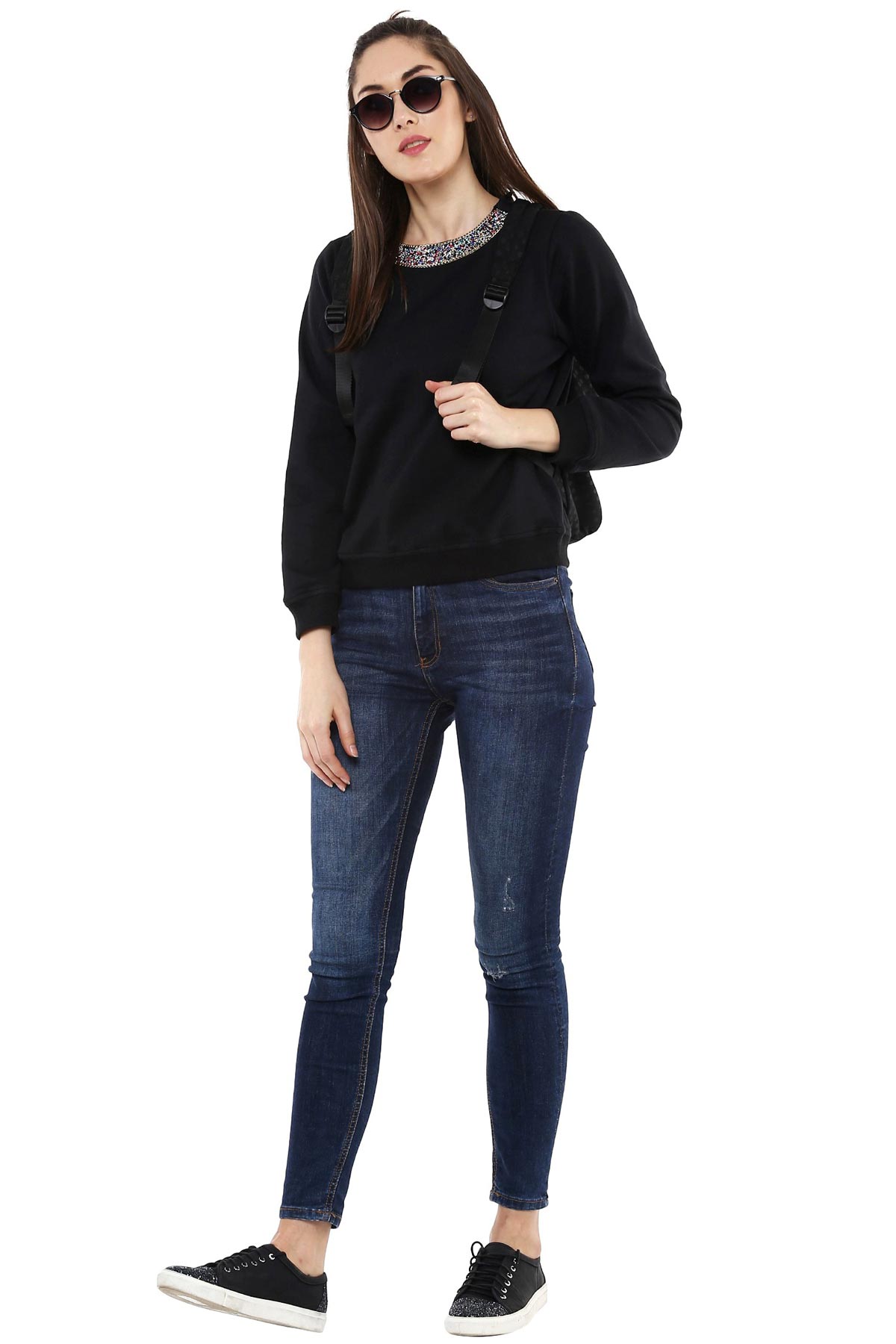 Women's Blingy Neck Black Sweatshirt