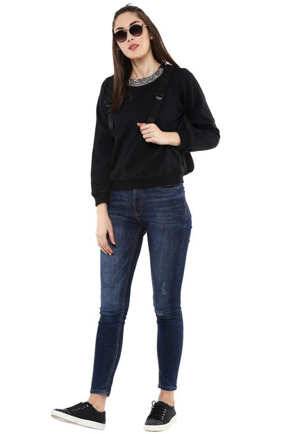 Women's Blingy Neck Black Sweatshirt