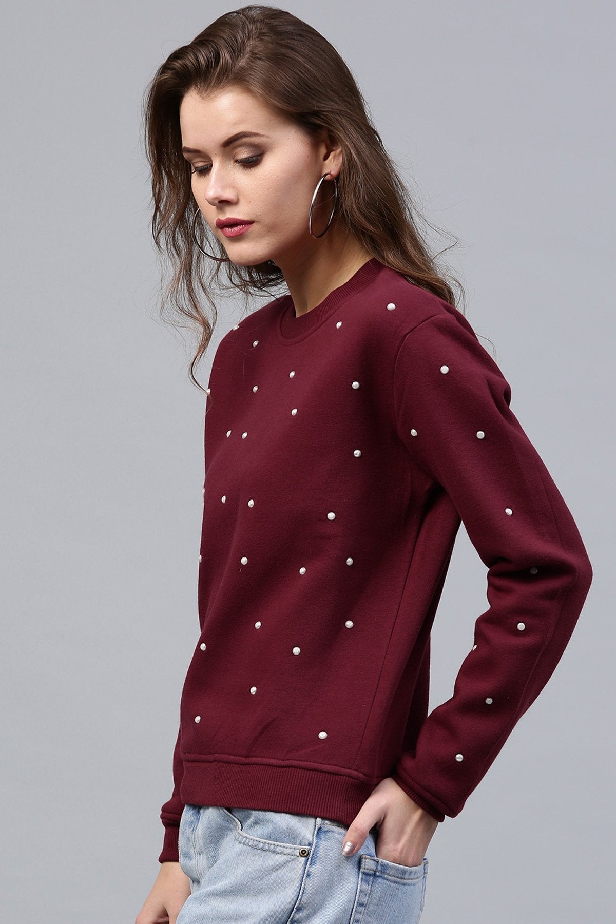 Women's Pearl Beaded Wine Sweatshirt