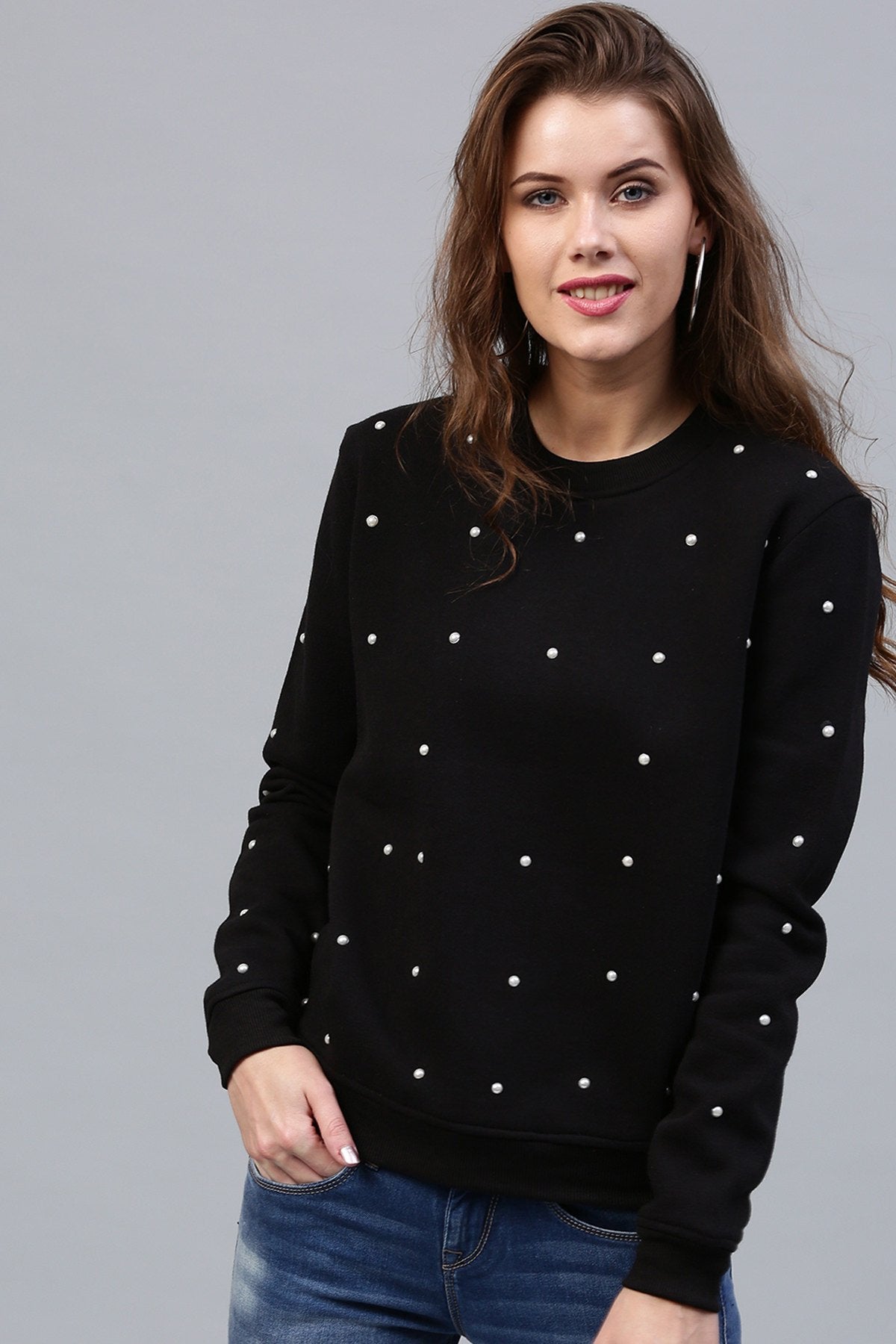 Women's Pearl Beaded Black Sweatshirt