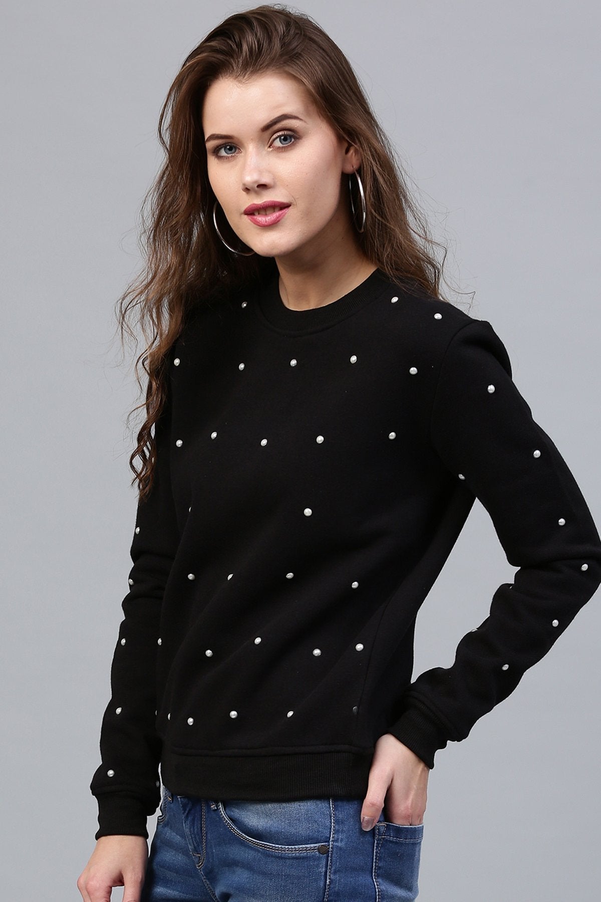 Women's Pearl Beaded Black Sweatshirt