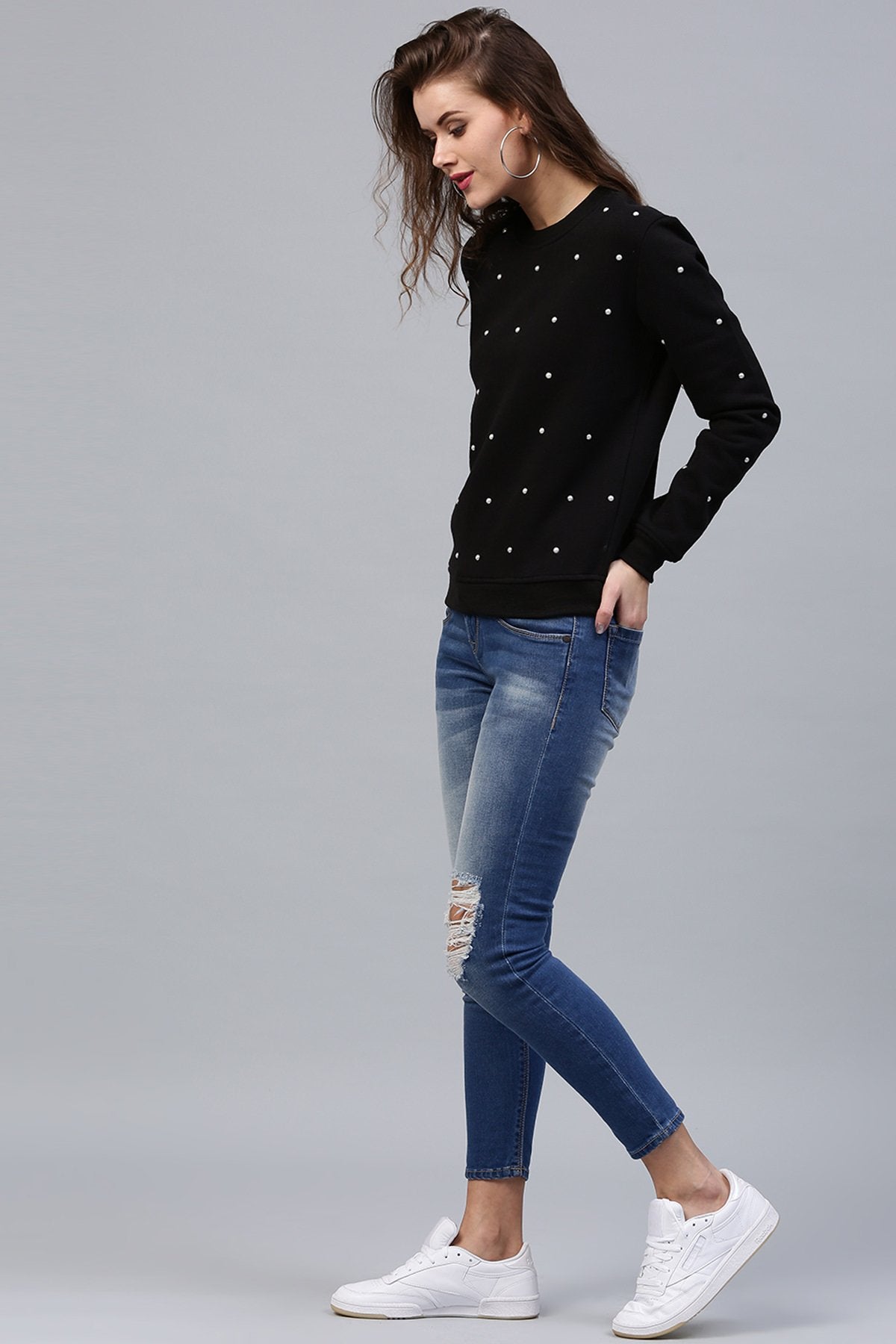 Women's Pearl Beaded Black Sweatshirt