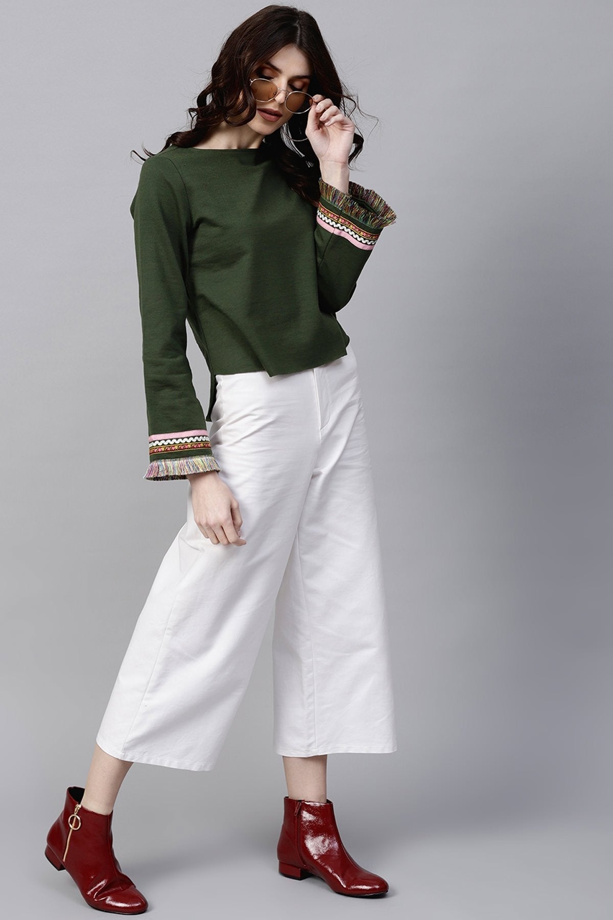 Women's Olive Sweatshirt With Fringed Sleeves