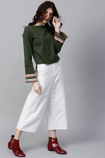 Women's Olive Sweatshirt With Fringed Sleeves