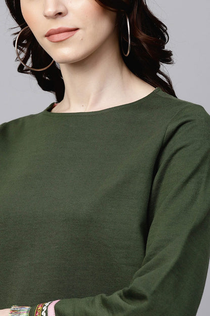 Women's Olive Sweatshirt With Fringed Sleeves
