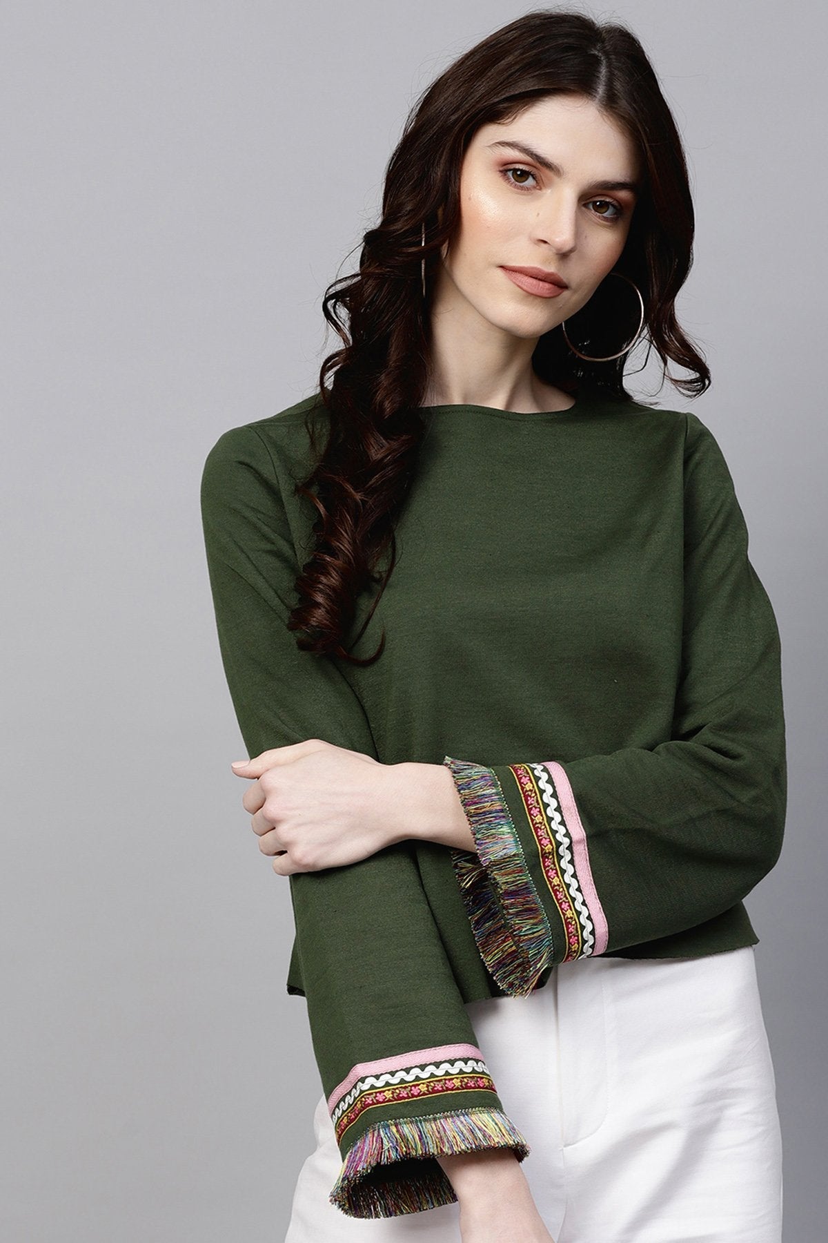 Women's Olive Sweatshirt With Fringed Sleeves