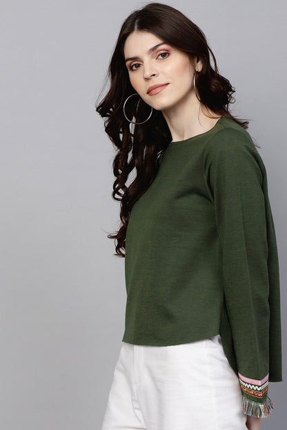 Women's Olive Sweatshirt With Fringed Sleeves