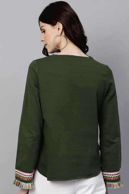 Women's Olive Sweatshirt With Fringed Sleeves