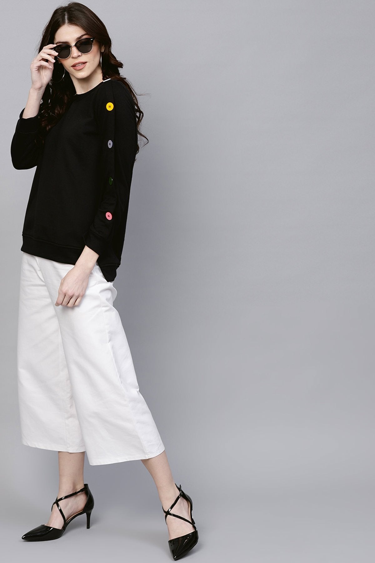 Women's Black Sweatshirt With Colored Buttons