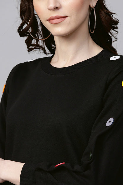Women's Black Sweatshirt With Colored Buttons