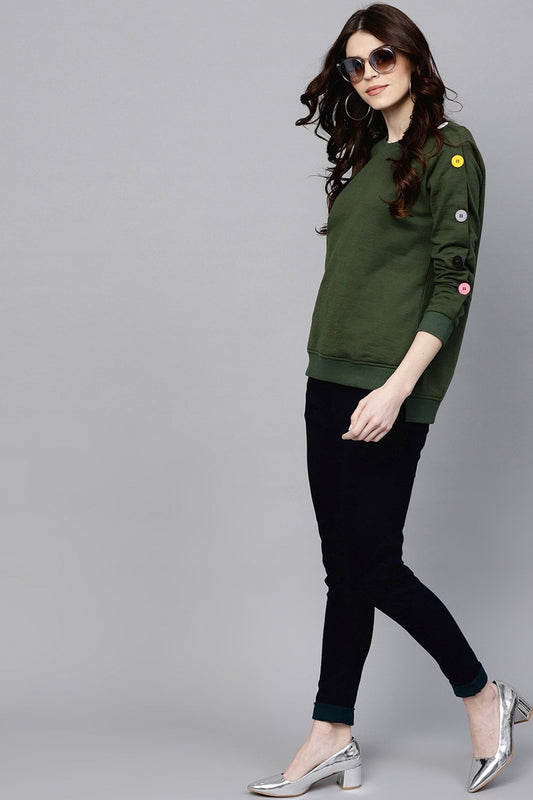 Women's Olive Sweatshirt With Colored Buttons
