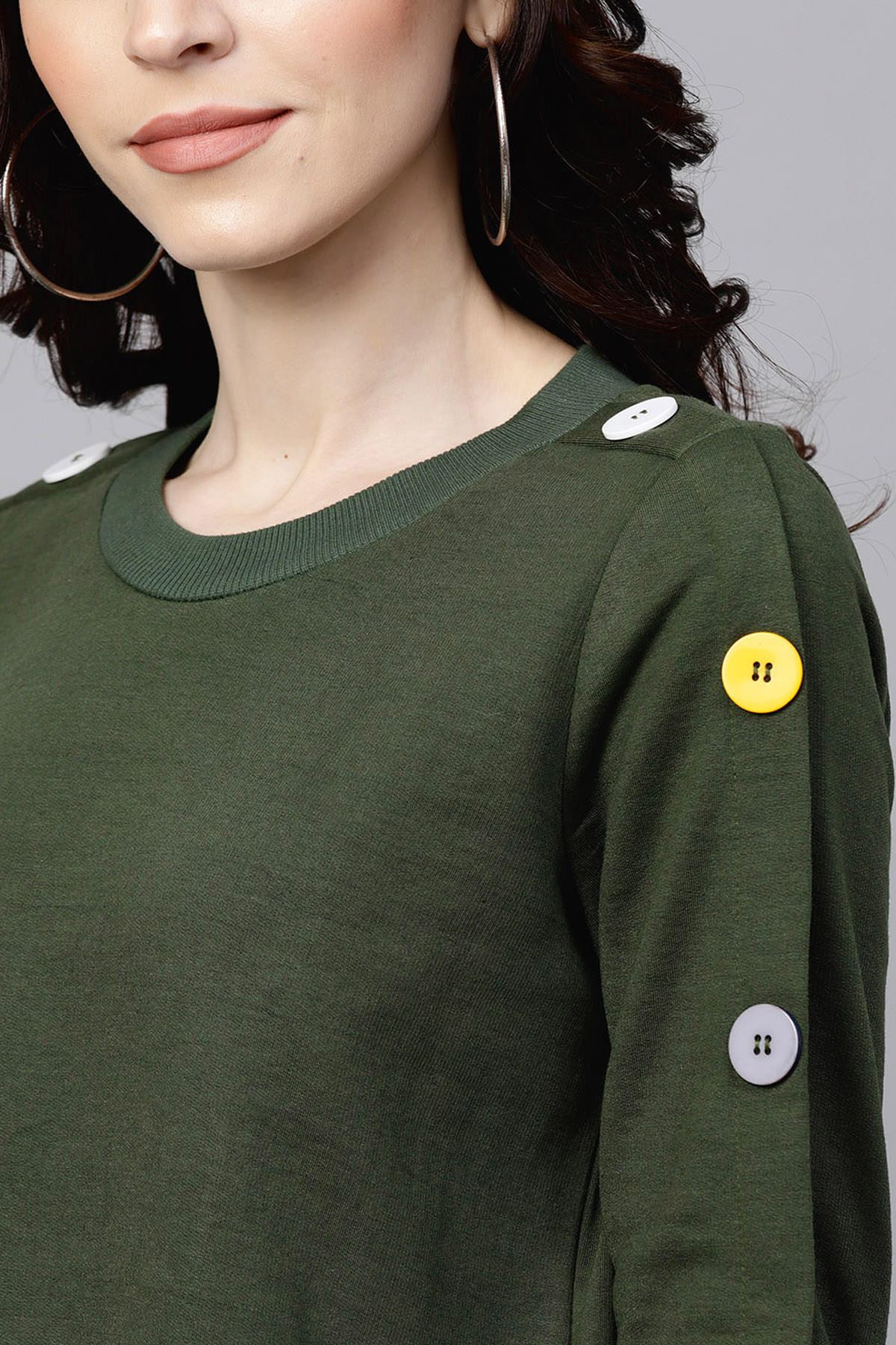 Women's Olive Sweatshirt With Colored Buttons