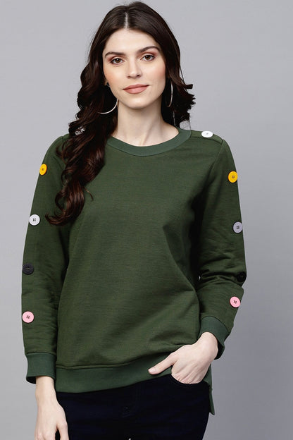 Women's Olive Sweatshirt With Colored Buttons
