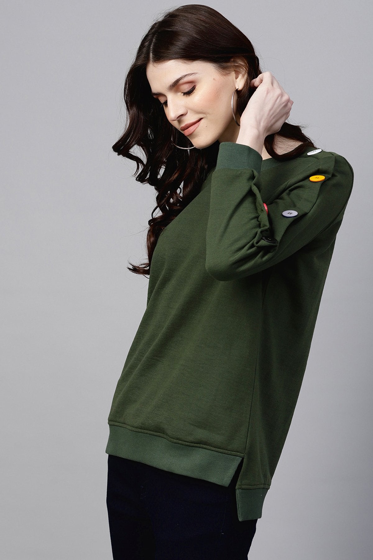 Women's Olive Sweatshirt With Colored Buttons