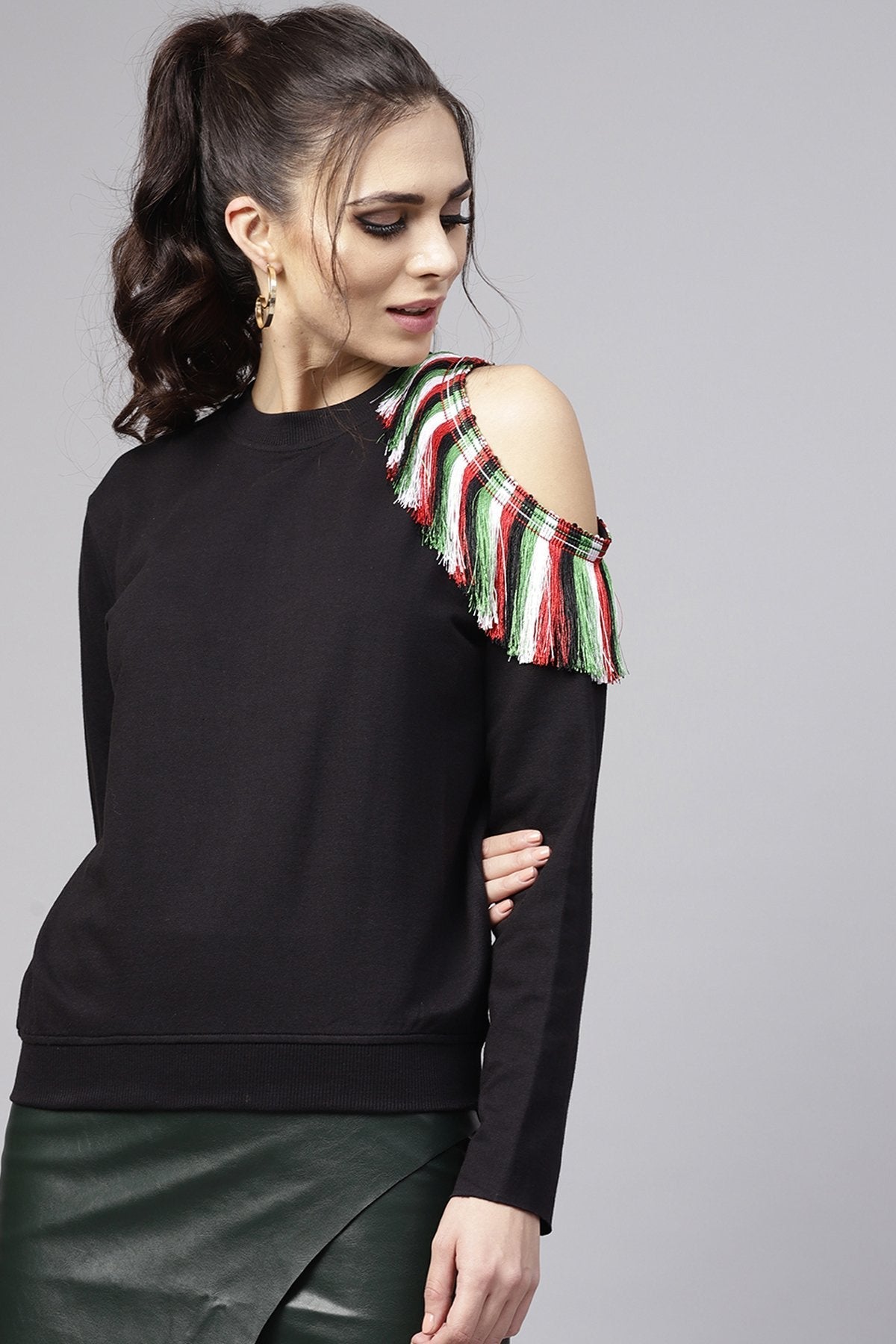 Women's Black One Cold Shoulder Fringe Sweatshirt