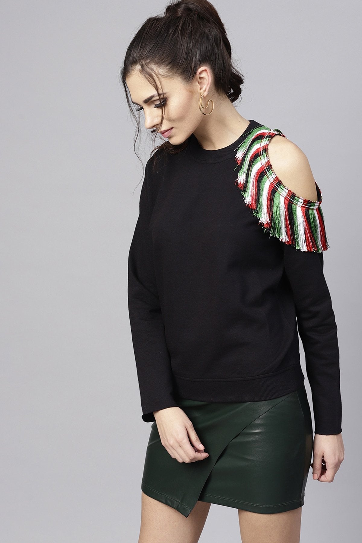 Women's Black One Cold Shoulder Fringe Sweatshirt