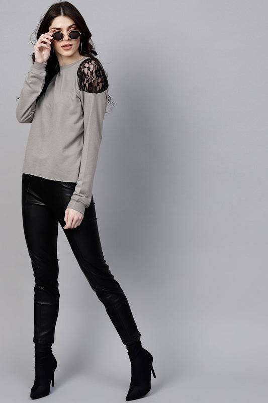 Women's Grey Lace Patch Cold Shoulder Sweatshirt