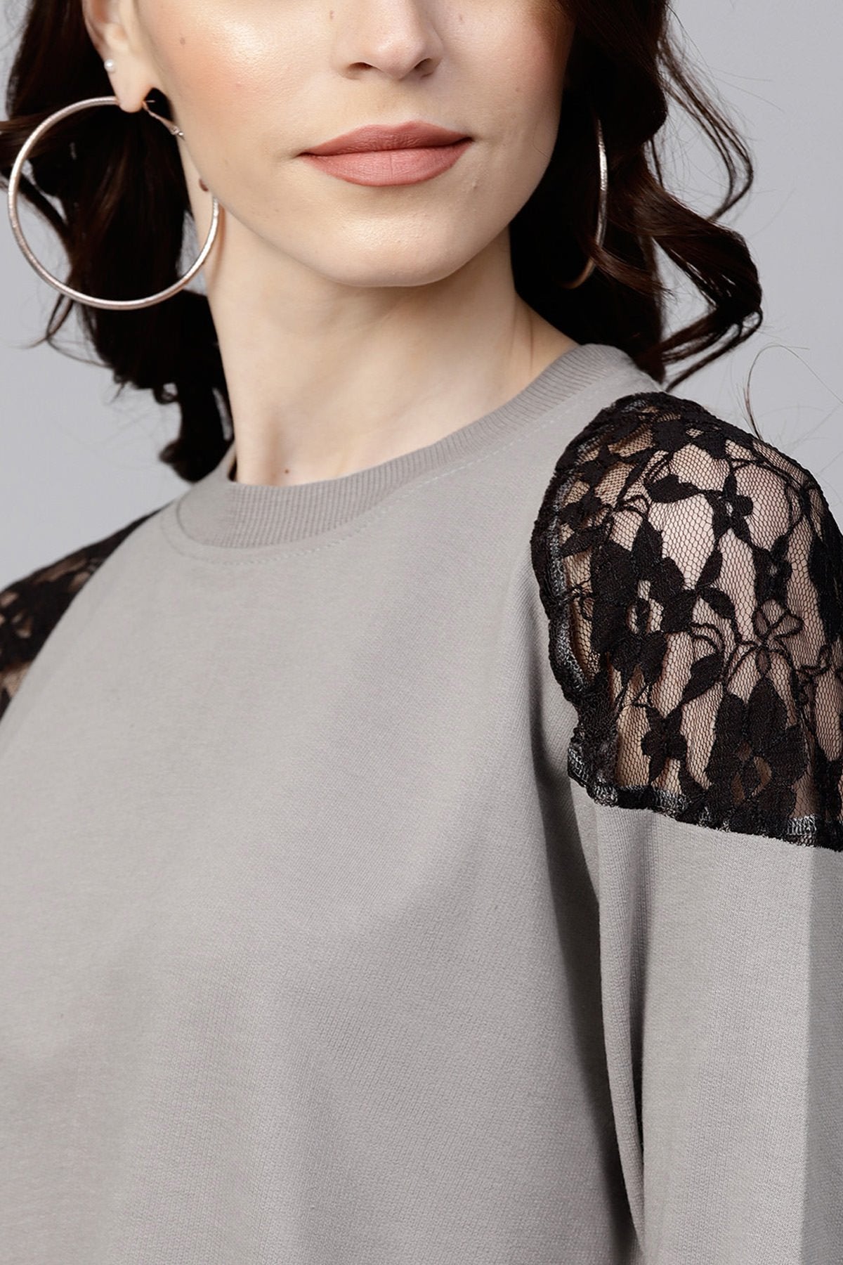 Women's Grey Lace Patch Cold Shoulder Sweatshirt