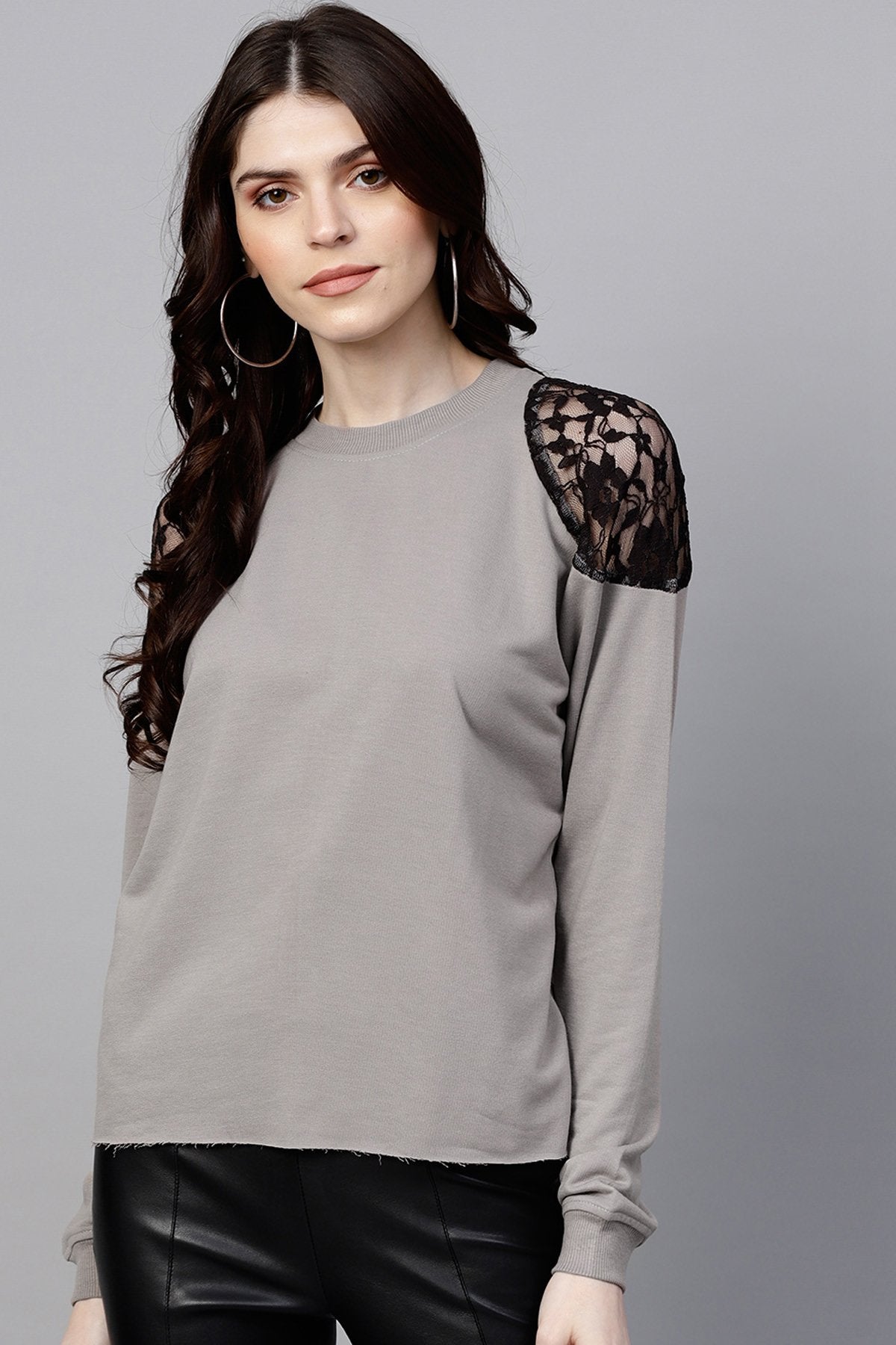 Women's Grey Lace Patch Cold Shoulder Sweatshirt