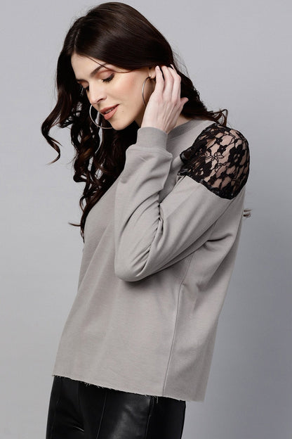 Women's Grey Lace Patch Cold Shoulder Sweatshirt