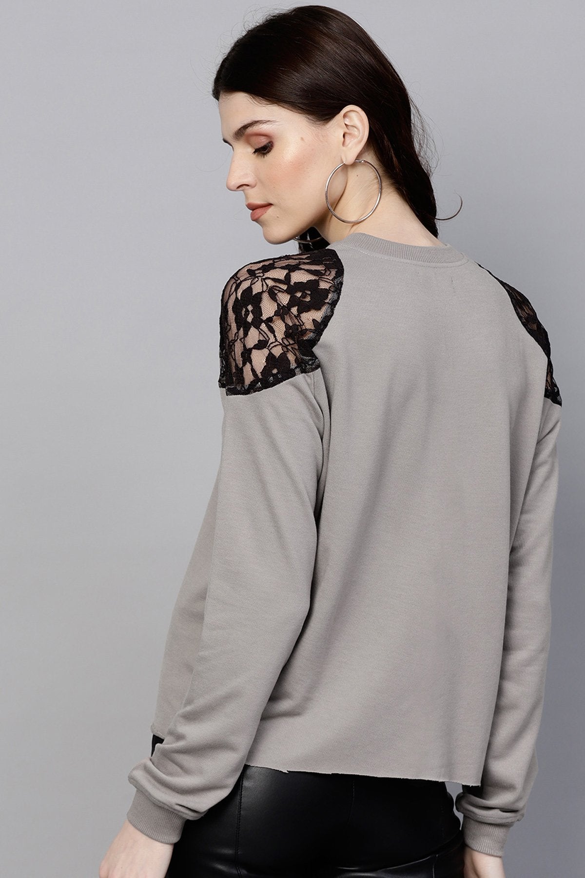 Women's Grey Lace Patch Cold Shoulder Sweatshirt