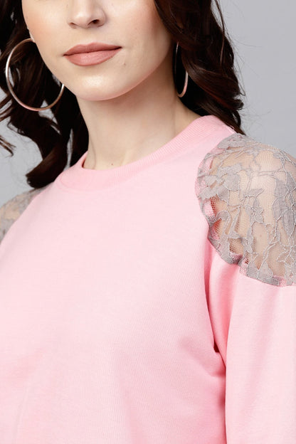 Women's Pink Lace Patch Cold Shoulder Sweatshirt