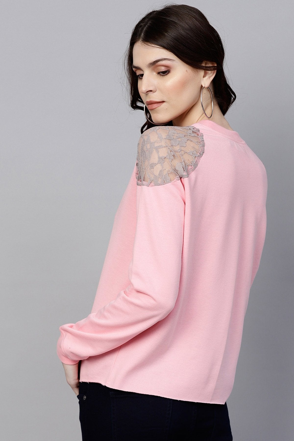 Women's Pink Lace Patch Cold Shoulder Sweatshirt