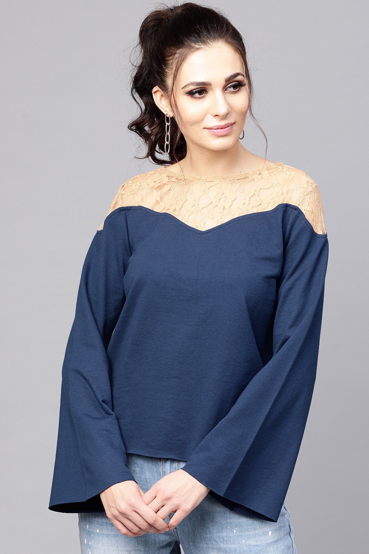 Women's Blue Lace Yoke Sweatshirt