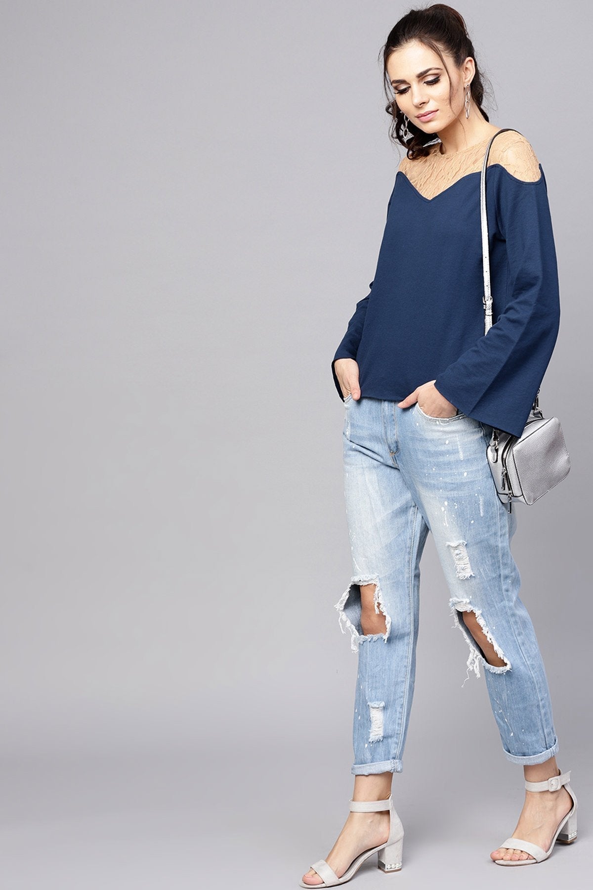 Women's Blue Lace Yoke Sweatshirt