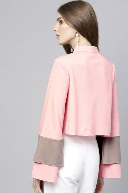 Women's Pink Flared Sleeve Front Zipper Sweatshirt