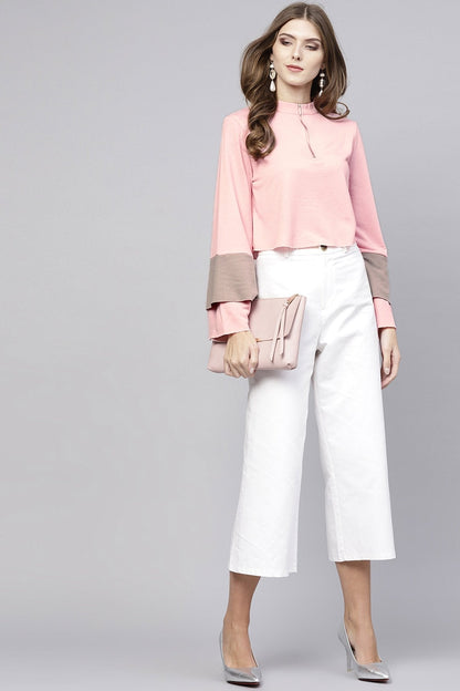 Women's Pink Flared Sleeve Front Zipper Sweatshirt