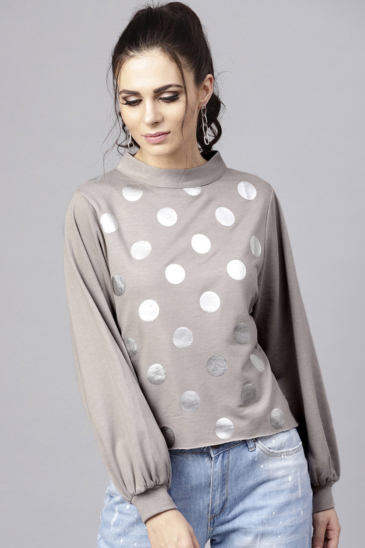 Women's Grey Front Polka Dot Print Sweatshirt