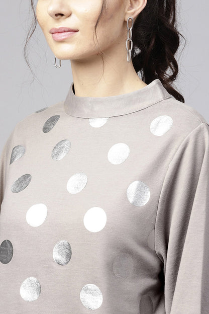 Women's Grey Front Polka Dot Print Sweatshirt