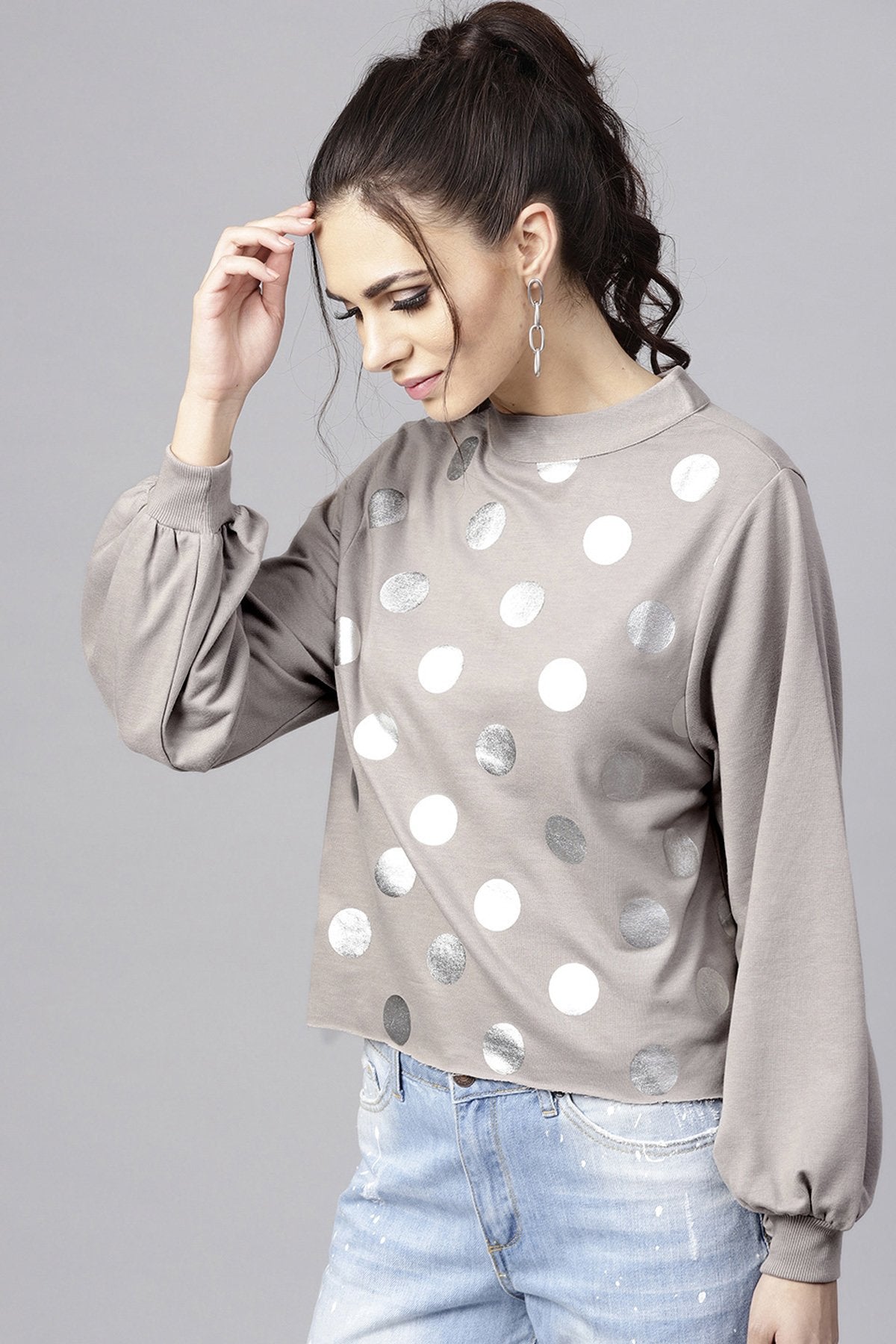 Women's Grey Front Polka Dot Print Sweatshirt