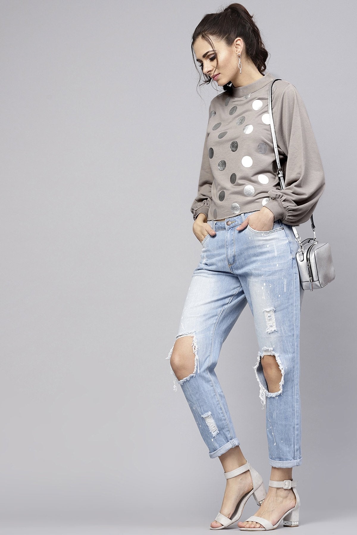 Women's Grey Front Polka Dot Print Sweatshirt