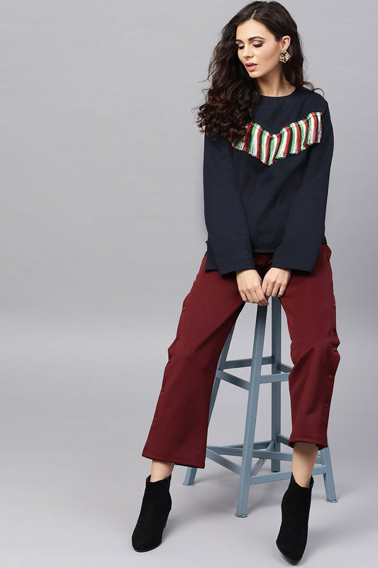 Women's Navy Fringe Lace Sweatshirt
