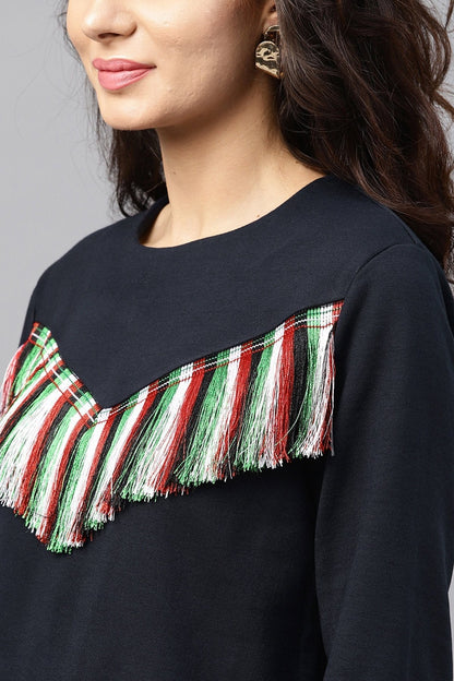 Women's Navy Fringe Lace Sweatshirt
