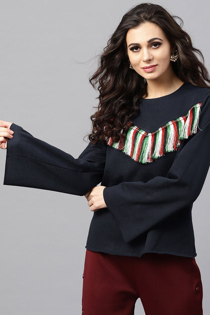 Women's Navy Fringe Lace Sweatshirt