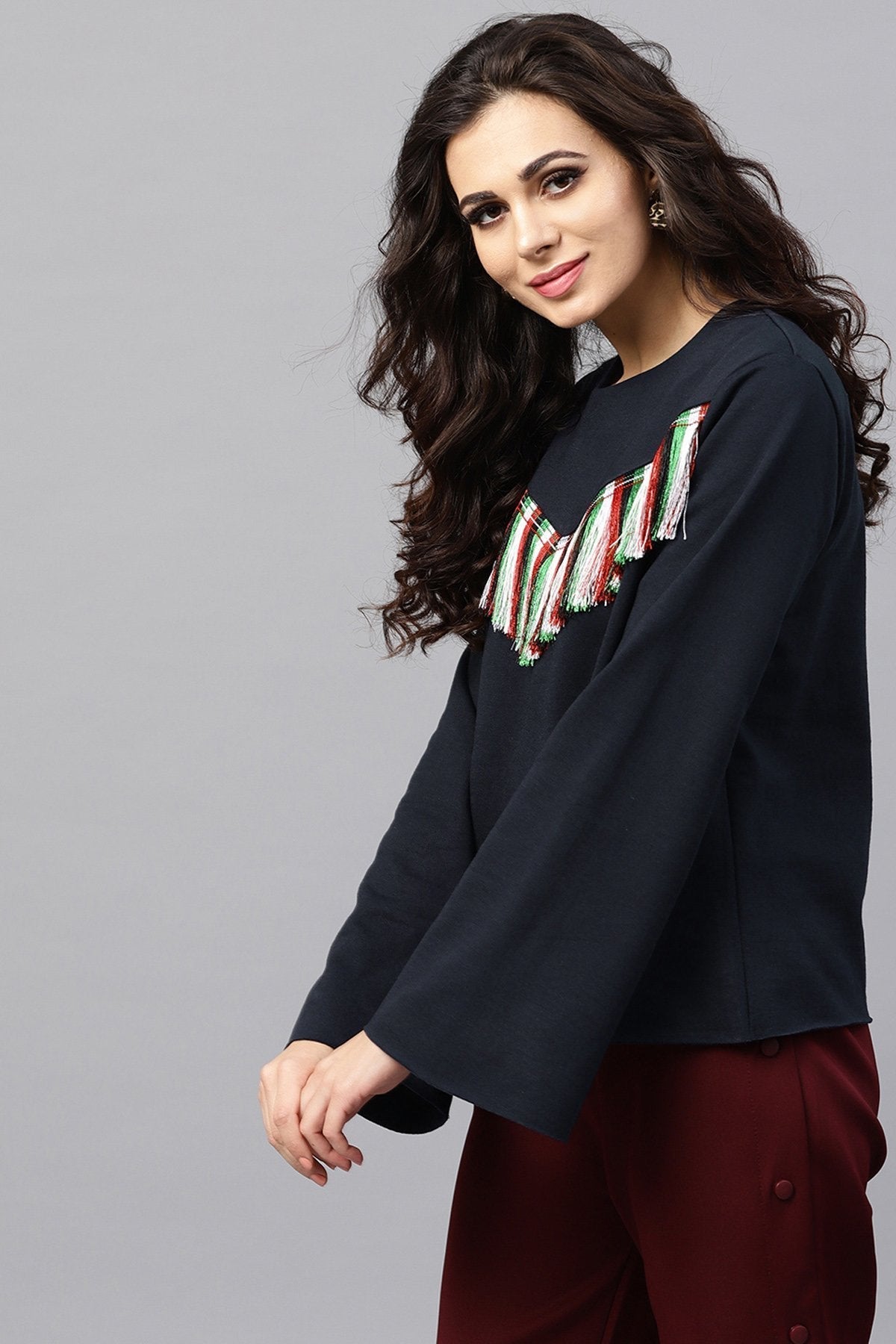 Women's Navy Fringe Lace Sweatshirt