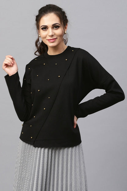 Women's Black Wrap Front Pearl Sweatshirt