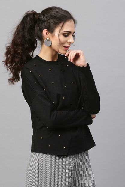 Women's Black Wrap Front Pearl Sweatshirt