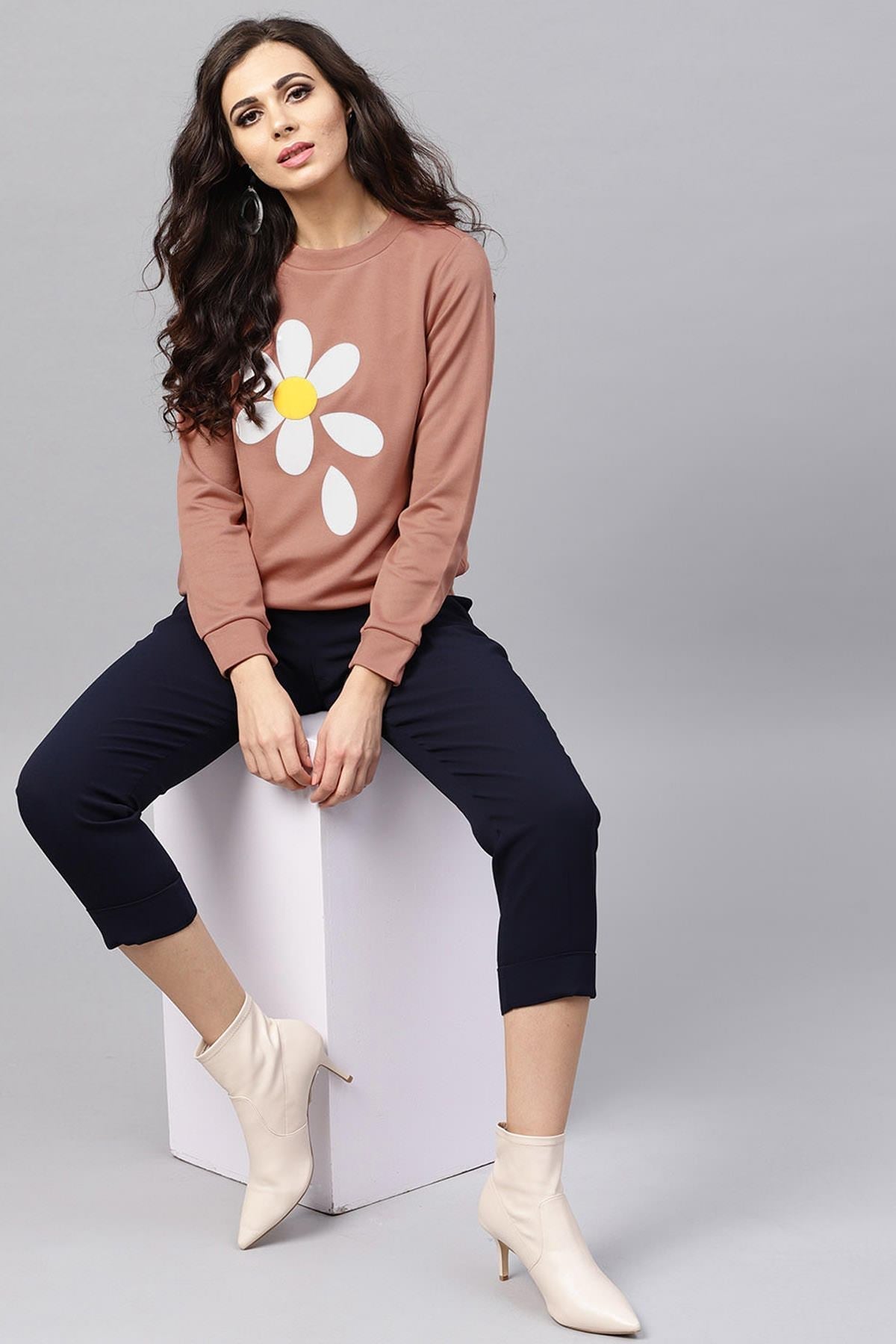 Women's Pink Flower Petal Print Sweatshirt