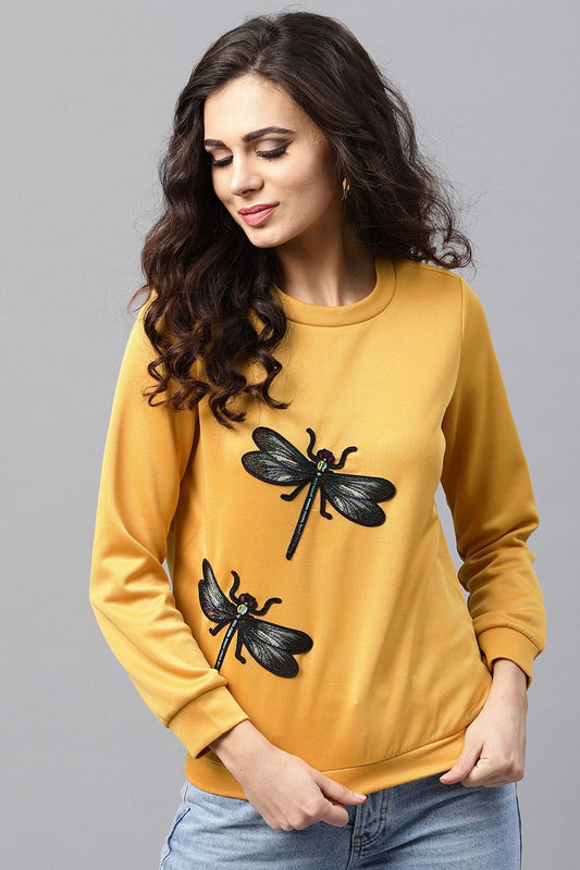 Women's Mustard Dragonfly Applique Sweatshirt