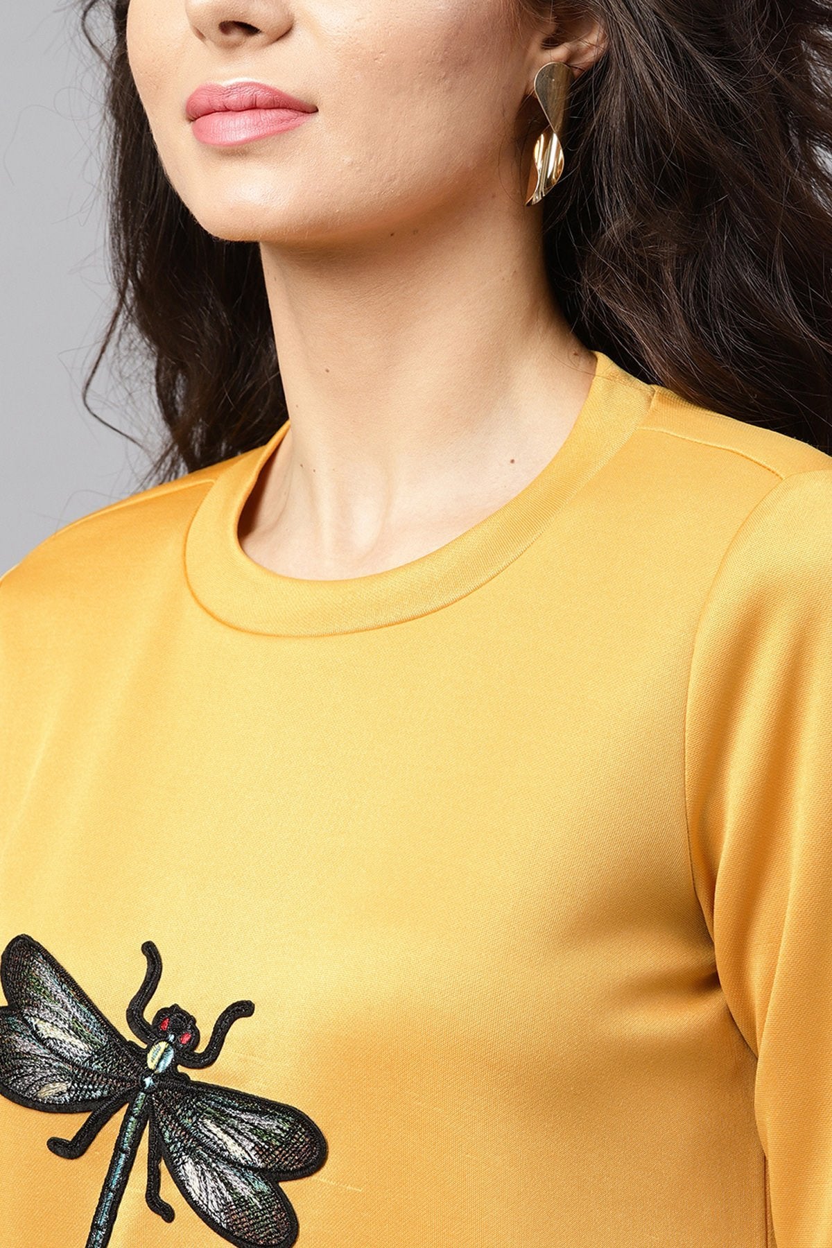 Women's Mustard Dragonfly Applique Sweatshirt
