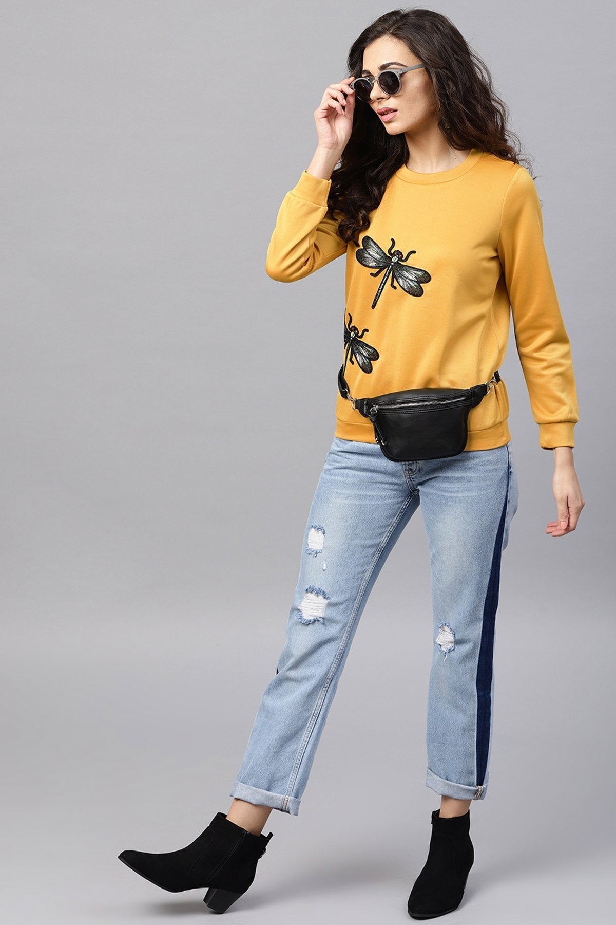 Women's Mustard Dragonfly Applique Sweatshirt